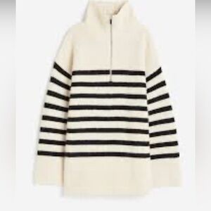 Women’s H&M Rib-knit Half-zip Sweater Cream/Black Striped Size Small